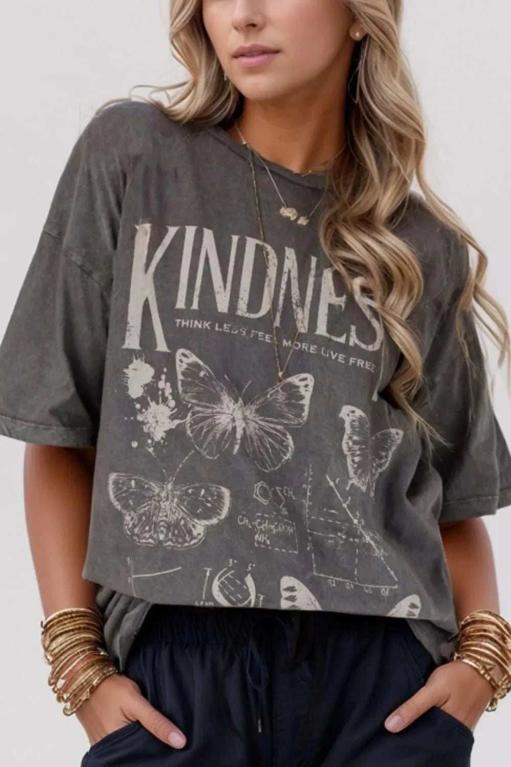Kindness Butterflies Graphic Mineral Wash Loose Tee - Trendsi - Flyclothing LLC