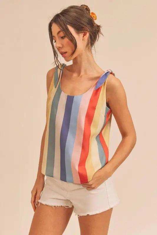 Aemi + Co Contrast Striped Scoop Neck Tie Shoulder Tank - Trendsi - Flyclothing LLC