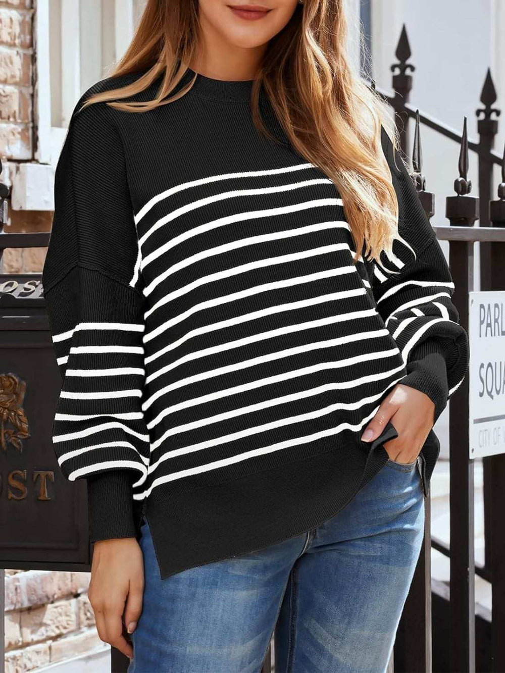 Striped Round Neck Long Sleeve Sweatshirt - Trendsi - Flyclothing LLC