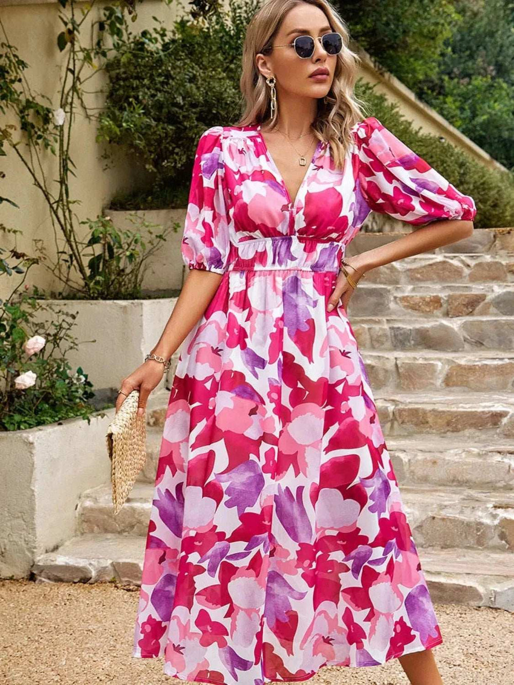 Printed Puff Sleeve Midi Dress - Trendsi - Flyclothing LLC