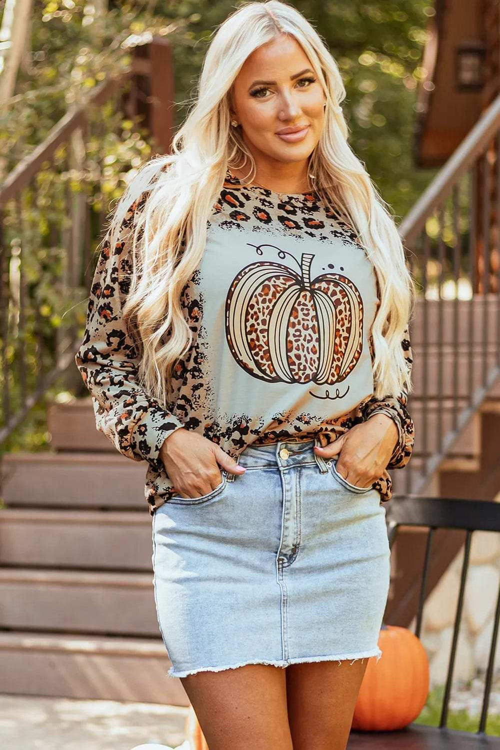 Pumpkin Graphic Leopard Round Neck Long Sleeve Sweatshirt - Trendsi - Flyclothing LLC