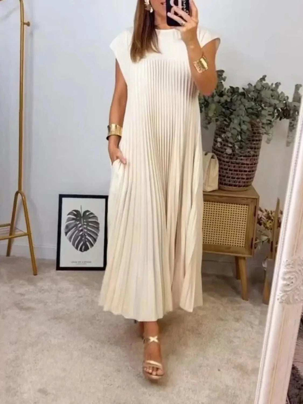 Full Size Pleated Round Neck Maxi Dress Plus Size - Trendsi - Flyclothing LLC