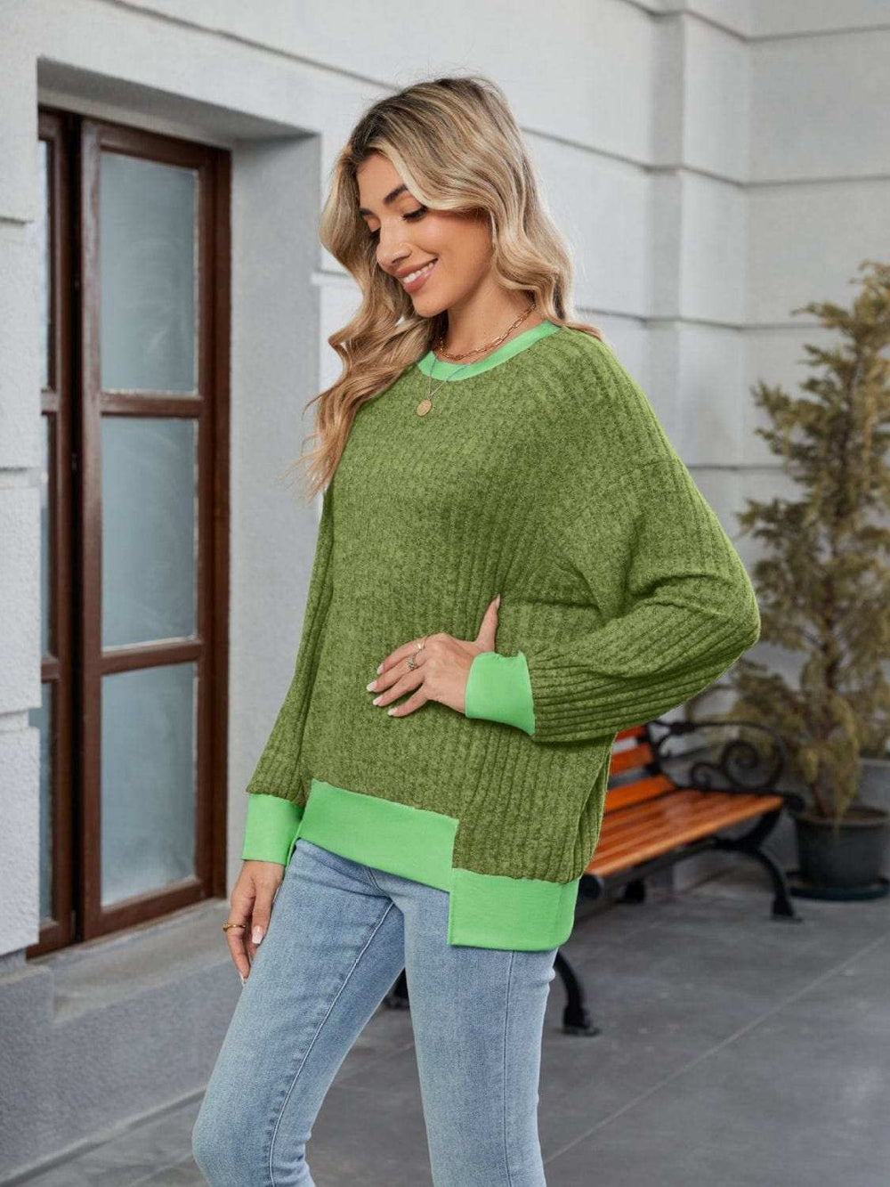 Contrast Trim Round Neck Long Sleeve T-Shirt - Trendsi - Flyclothing LLC