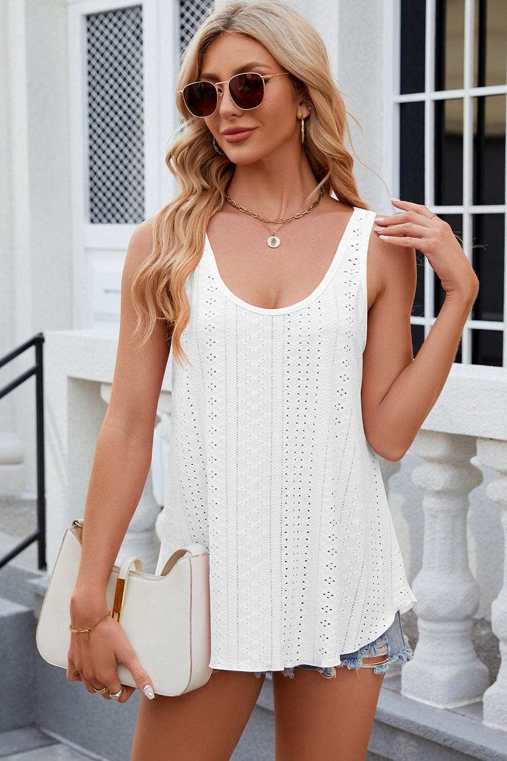 Florira Eyelet Round Neck Tank - Trendsi - Flyclothing LLC