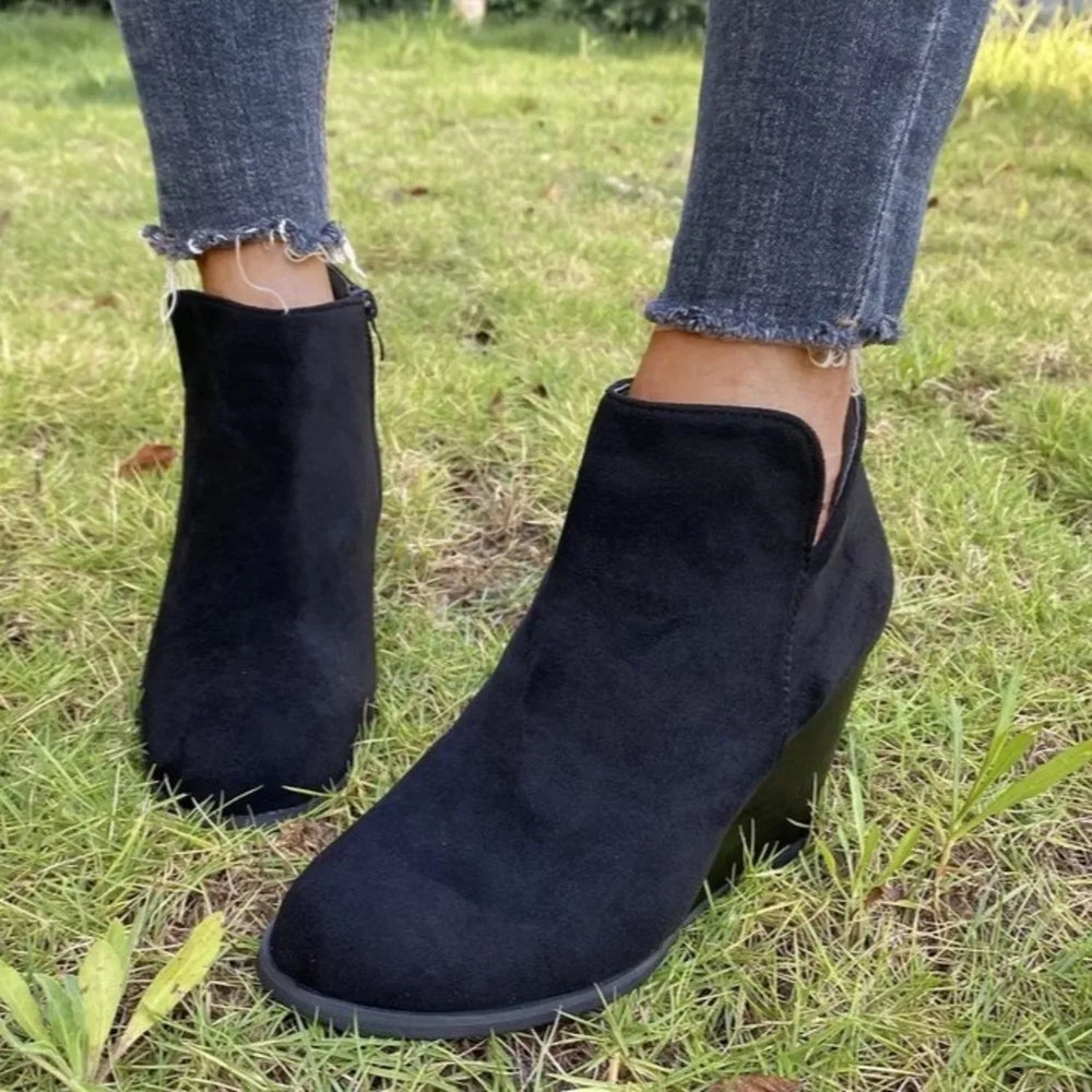 Round Toe Wedge Ankle Boots - Trendsi - Flyclothing LLC