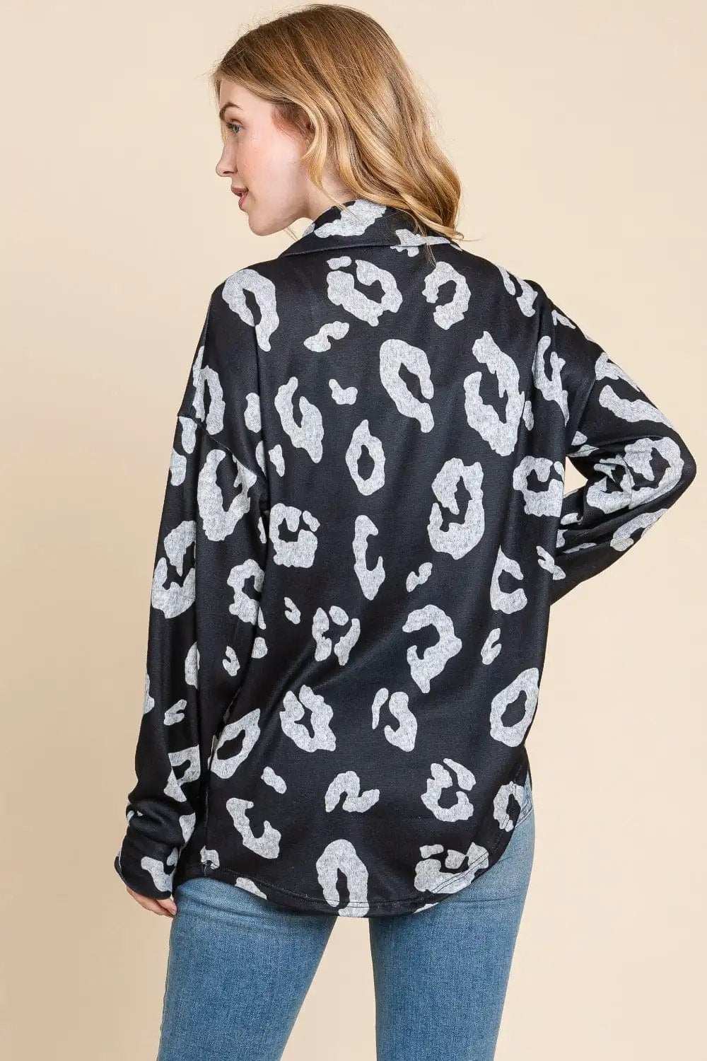 BOMBOM Animal Print Button Up Knit Shacket - Trendsi - Flyclothing LLC
