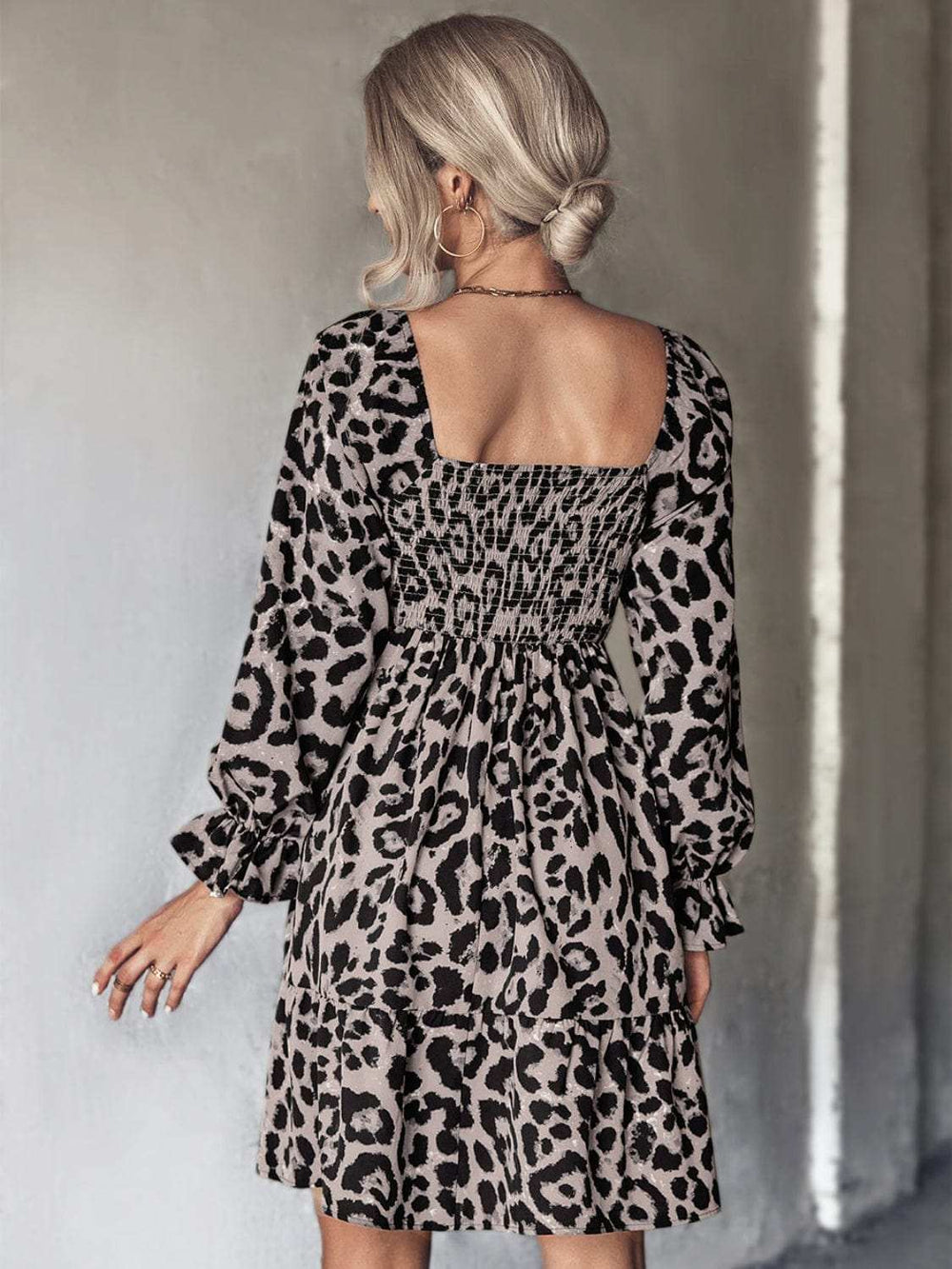 Leopard Smocked Flounce Sleeve Mini Dress - Trendsi - Flyclothing LLC