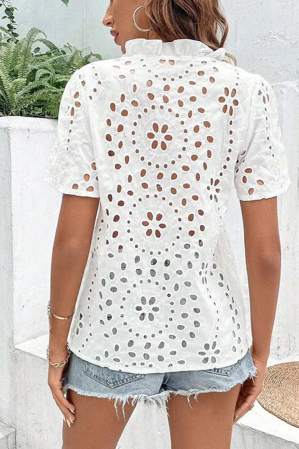 Eyelet Frill Short Sleeve Blouse - Trendsi - Flyclothing LLC