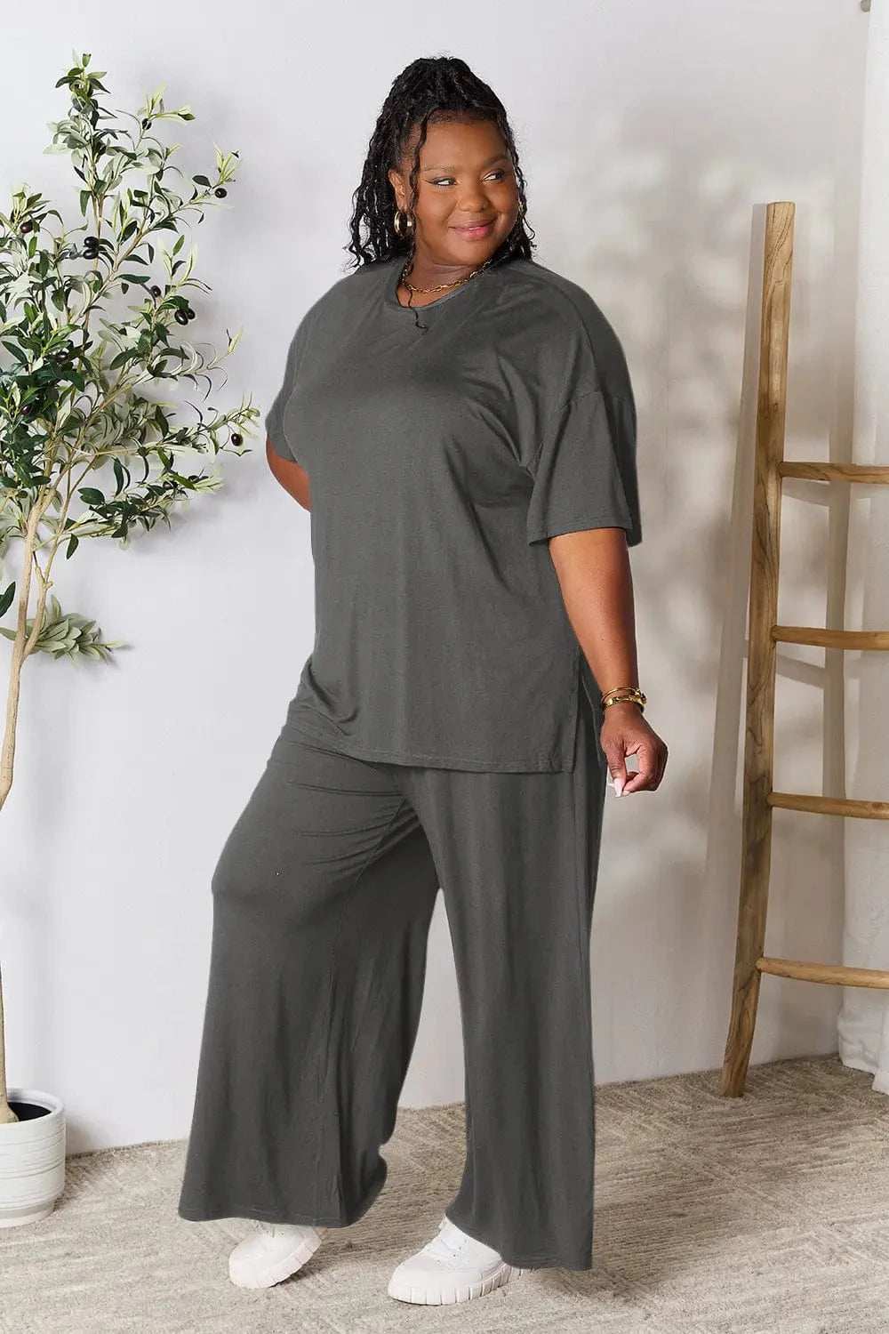 Double Take Full Size Round Neck Slit Top and Pants Set - Trendsi - Flyclothing LLC