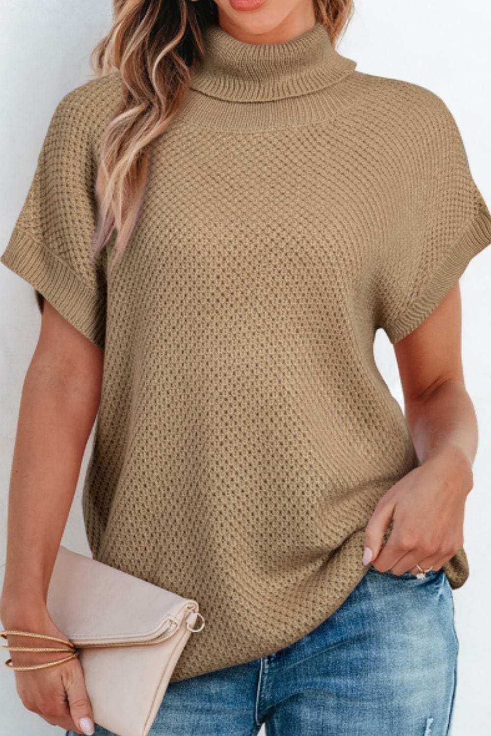 Solid Color Turtleneck Short Sleeve Sweater - Trendsi - Flyclothing LLC