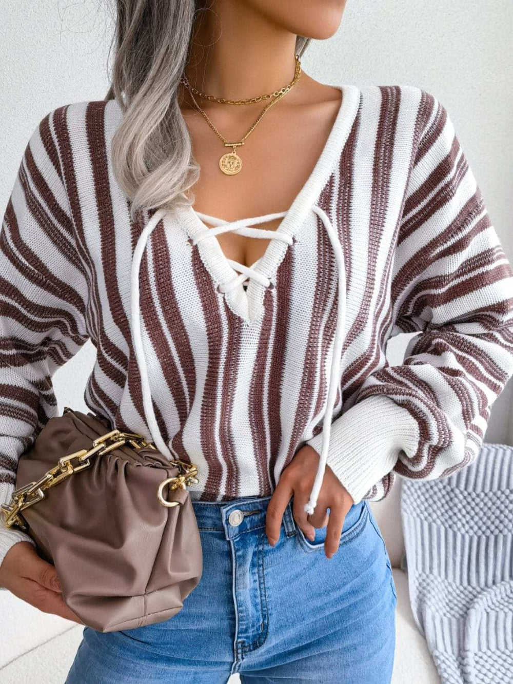 Striped Lace-Up Long Sleeve Sweater - Trendsi - Flyclothing LLC