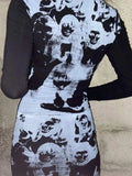 Printed Round Neck Long Sleeve Mini Dress - Trendsi - Flyclothing LLC