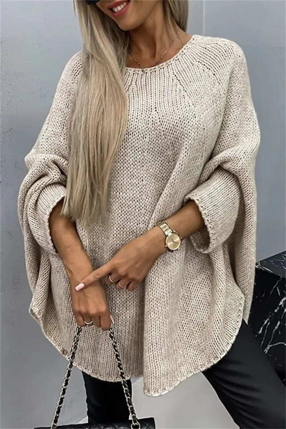 Round Neck Batwing Sleeve Sweater - Trendsi - Flyclothing LLC