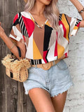 Printed V-Neck Short Sleeve Blouse - Trendsi - Flyclothing LLC