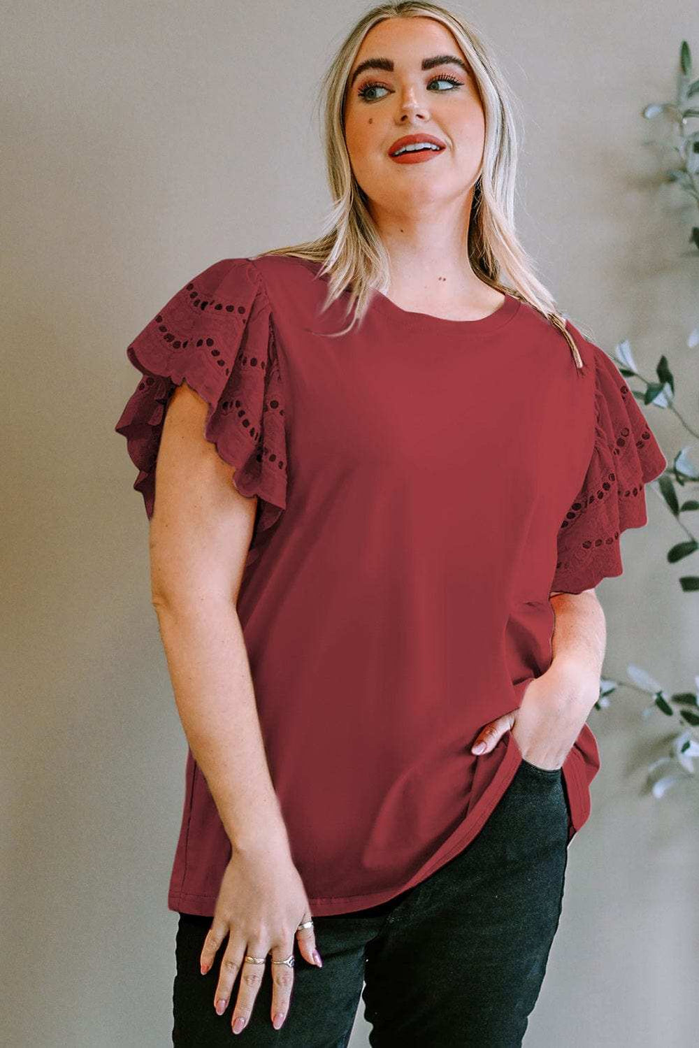 Plus Size Eyelet Round Neck Short Sleeve Blouse - Trendsi - Flyclothing LLC
