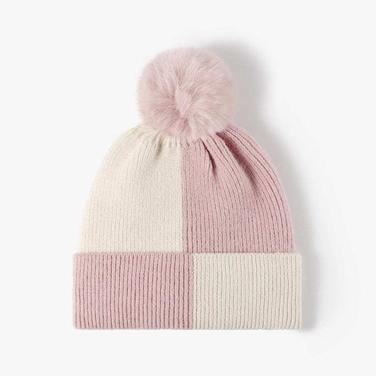 Color Block Knit Hat with Pom-pom - Trendsi - Flyclothing LLC