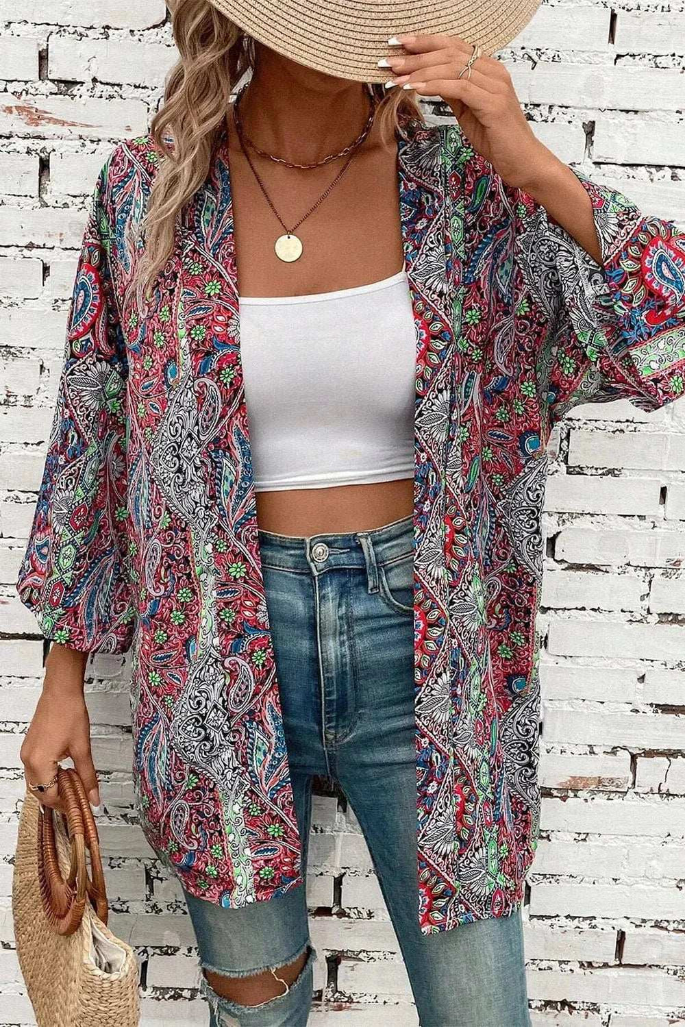 Printed Open Front Long Sleeve Cover Up - Trendsi - Flyclothing LLC