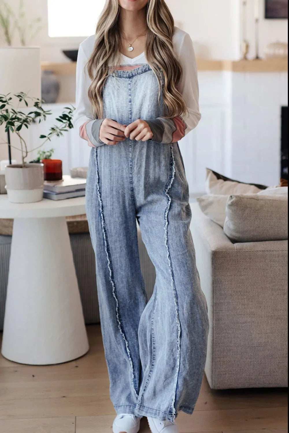 Frayed Exposed Seam Wide Leg Denim Overalls - Trendsi - Flyclothing LLC