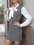 Houndstooth Print Tie Neck Long Sleeve Mini Dress - Trendsi - Flyclothing LLC