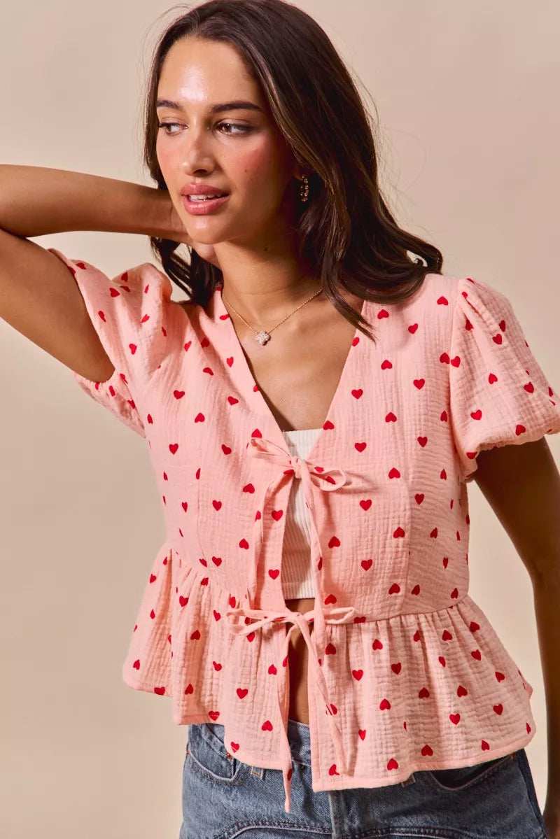 SO ME All Over Heart Ribbon Tie Baby Doll Valentine Blouse - Trendsi - Flyclothing LLC