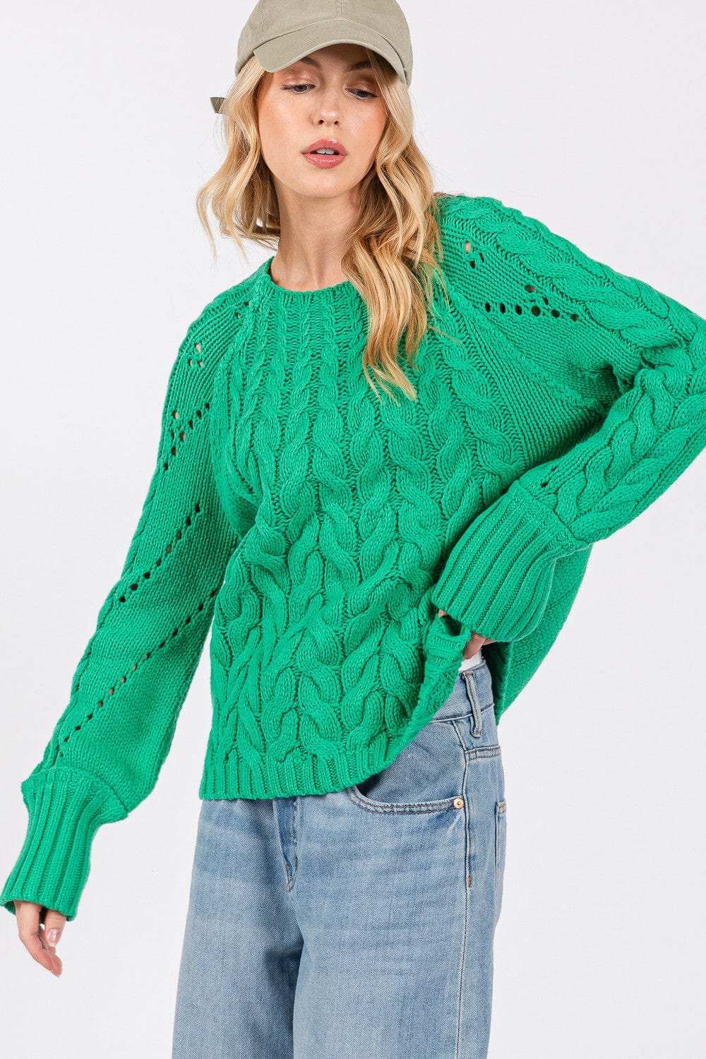 SAGE + FIG Cable-Knit Long Sleeve Sweater - Trendsi - Flyclothing LLC