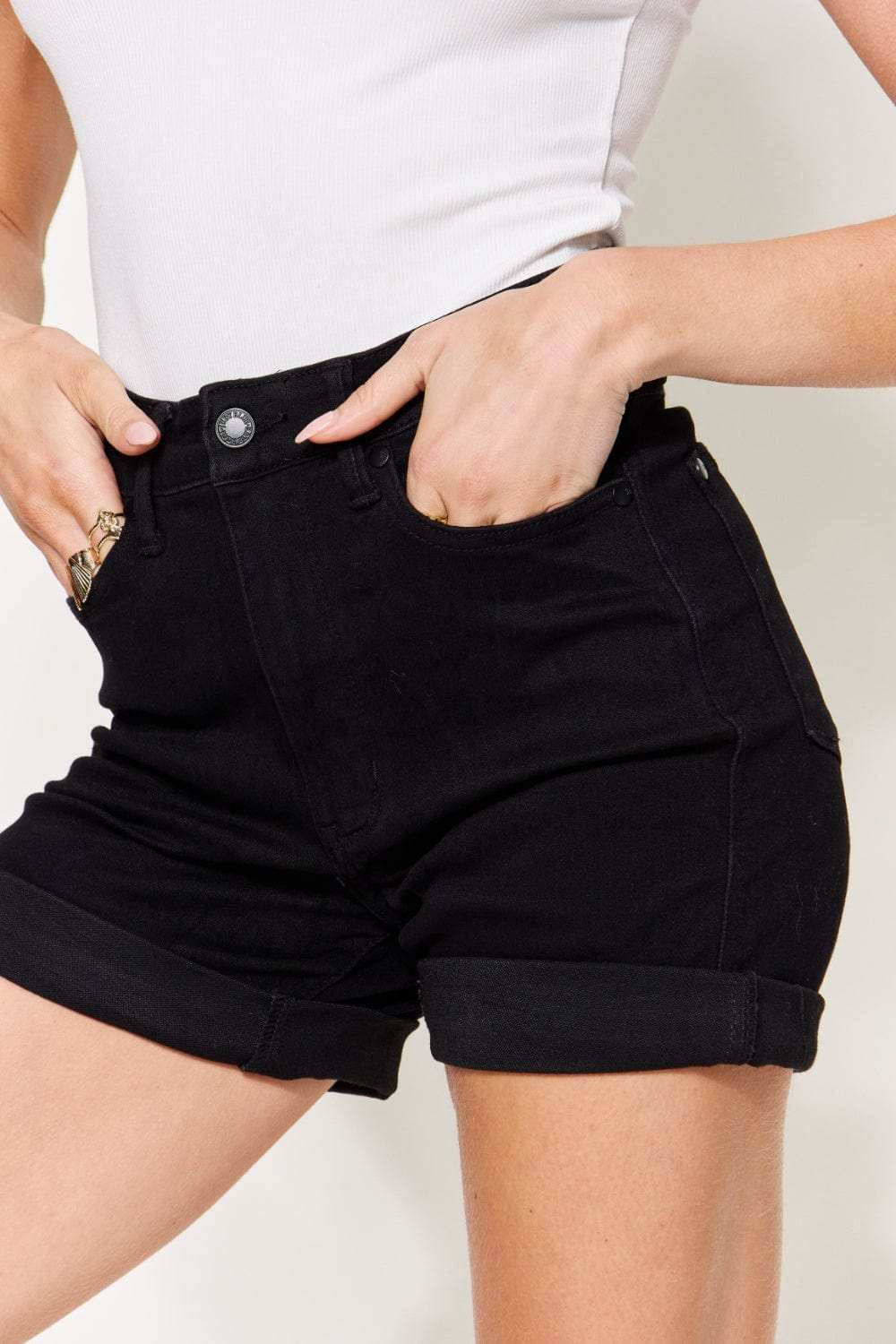 Judy Blue Full Size High Waist Tummy Control Cuffed Denim Shorts - Trendsi - Flyclothing LLC