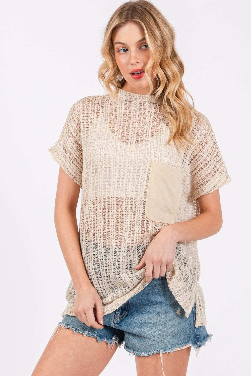 Ces Femme See Through Crochet Mock Neck Cover Up - Trendsi - Flyclothing LLC