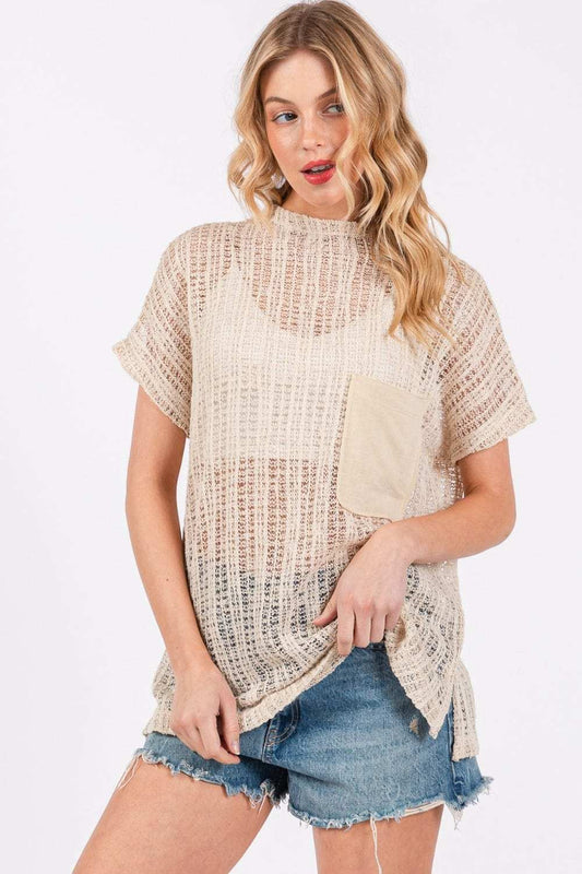 Ces Femme See Through Crochet Mock Neck Cover Up - Trendsi - Flyclothing LLC