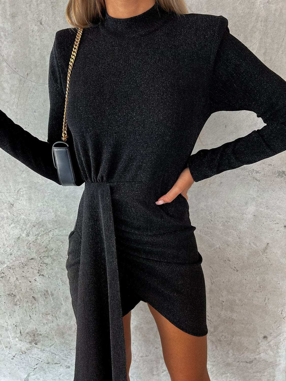 Heathered Mock Neck Long Sleeve Mini Dress - Trendsi - Flyclothing LLC