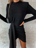 Heathered Mock Neck Long Sleeve Mini Dress - Trendsi - Flyclothing LLC