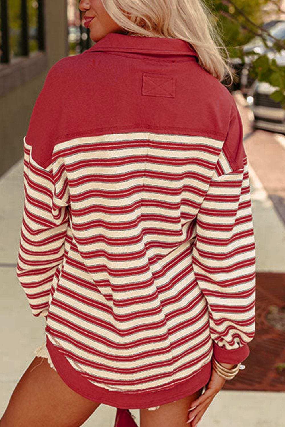 Stripe Johnny Collar Drop Shoulder Sweatshirt - Trendsi - Flyclothing LLC