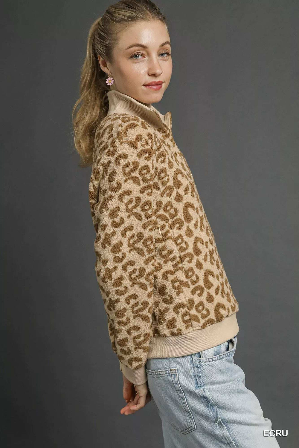 Umgee Leopard Print Quarter-Zip Sweatshirt - Trendsi - Flyclothing LLC