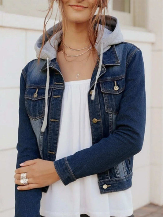 Full Size Button Up Drawstring Hooded Denim Jacket Plus Size - Trendsi - Flyclothing LLC
