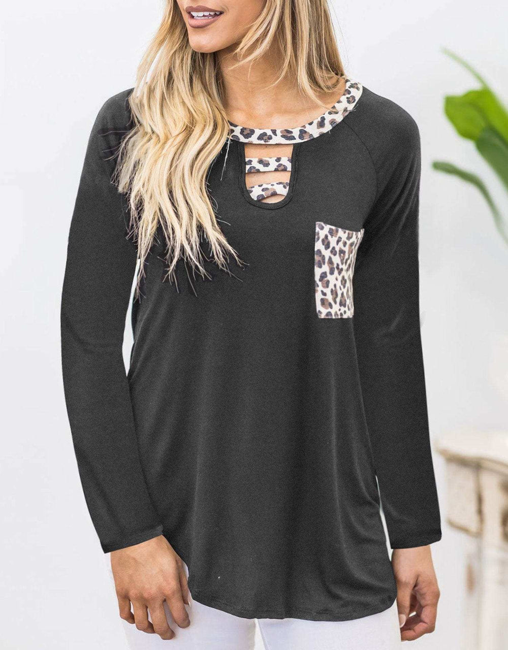 Cutout Leopard Round Neck Long Sleeve T-Shirt - Trendsi - Flyclothing LLC