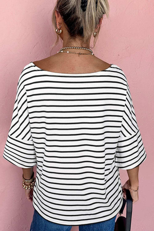 Stripe Half Sleeve Scoop Neck Top - Trendsi - Flyclothing LLC