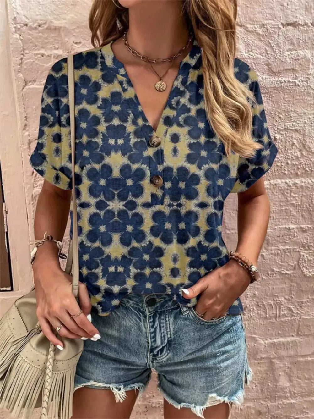 Full Size Printed Notched Short Sleeve Blouse - Trendsi - Flyclothing LLC