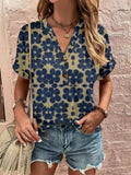 Full Size Printed Notched Short Sleeve Blouse - Trendsi - Flyclothing LLC