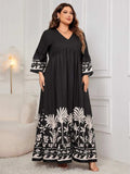 Plus Size Printed V-Neck Long Sleeve Maxi Dress - Trendsi - Flyclothing LLC
