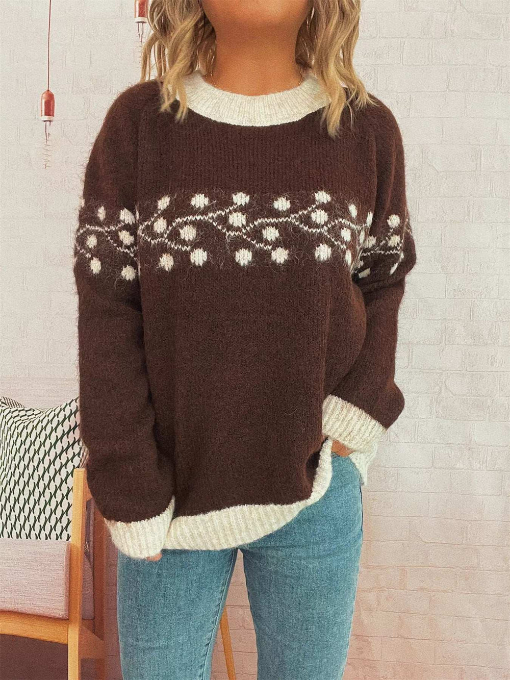 Contrast Hem Round Neck Sweater - Trendsi - Flyclothing LLC