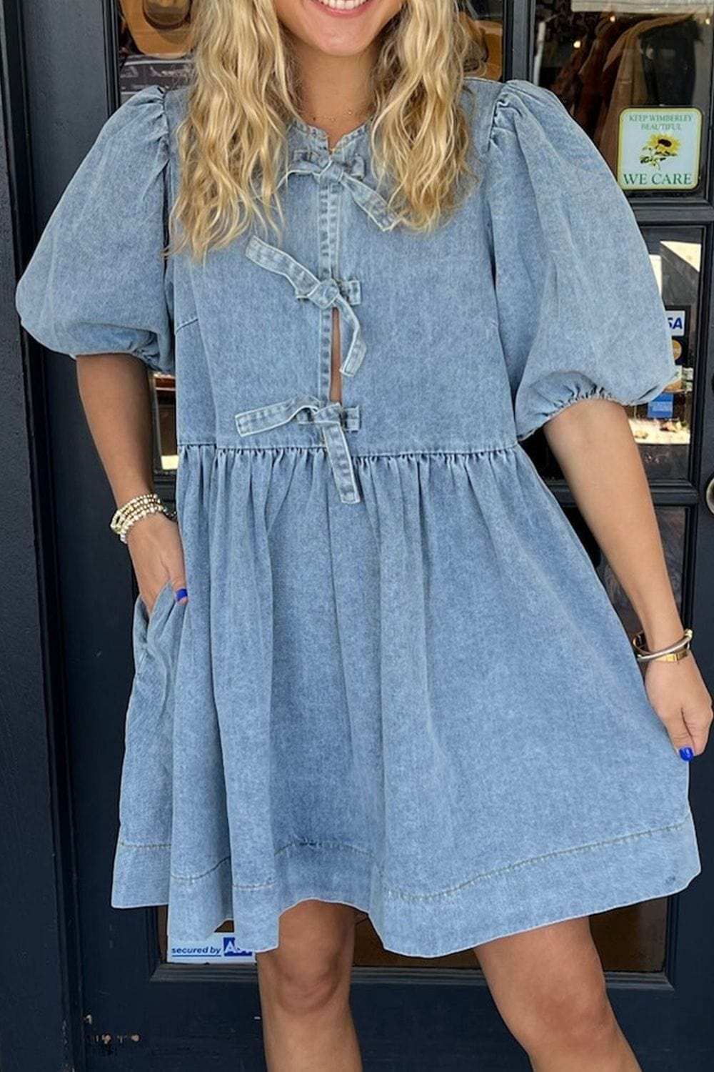 Bowknot Round Neck Half Sleeve Denim Dress - Trendsi - Flyclothing LLC