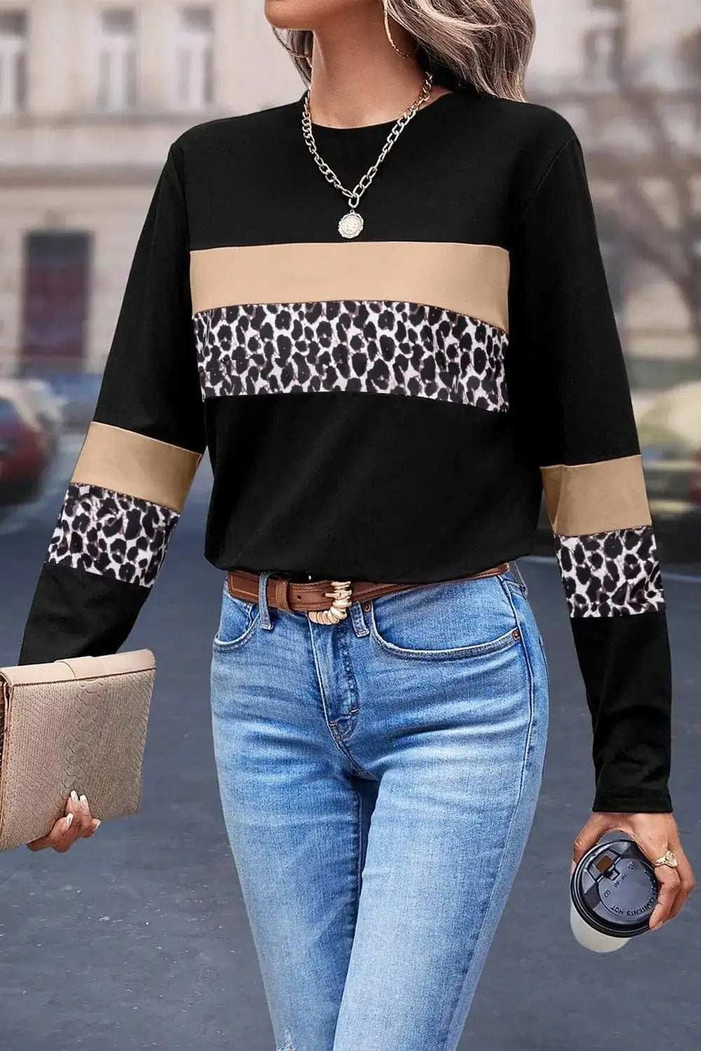 Leopard Round Neck Long Sleeve Blouse - Trendsi - Flyclothing LLC