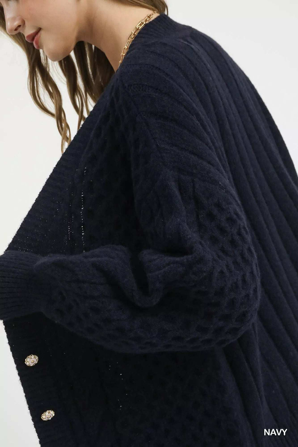 Umgee Cable Knit Pearl Button Cardigan - Trendsi - Flyclothing LLC