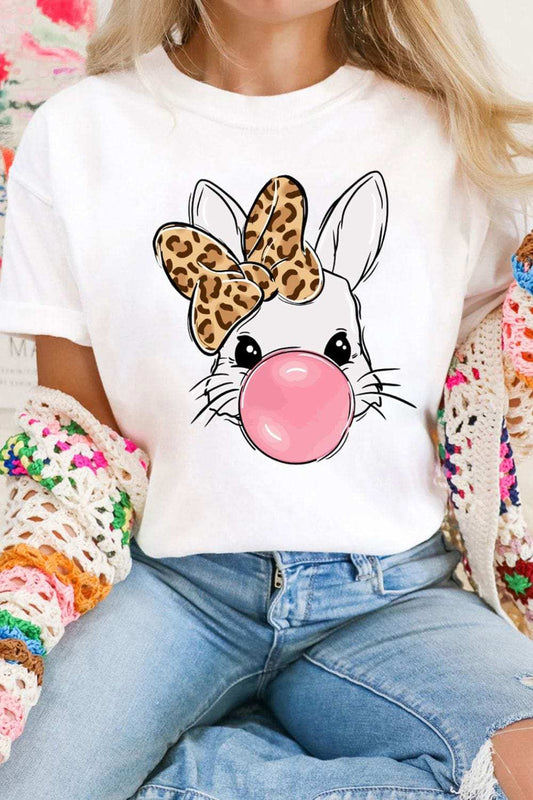 Leopard Bow Rabbit Graphic Round Neck Short Sleeve T-Shirt - Trendsi - Flyclothing LLC