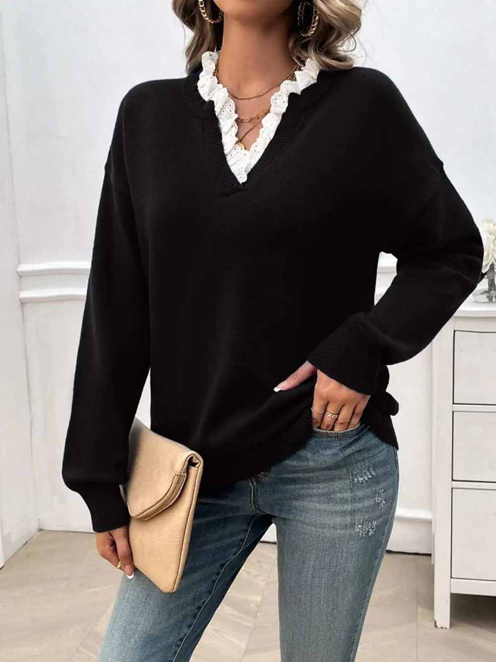 Lace Detail Notched Long Sleeve Sweater - Trendsi - Flyclothing LLC