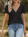 Lace Trim V-Neck Puff Sleeve Blouse - Trendsi - Flyclothing LLC
