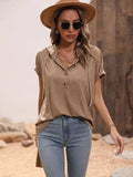 Half Button Hooded Short Sleeve Blouse - Trendsi - Flyclothing LLC