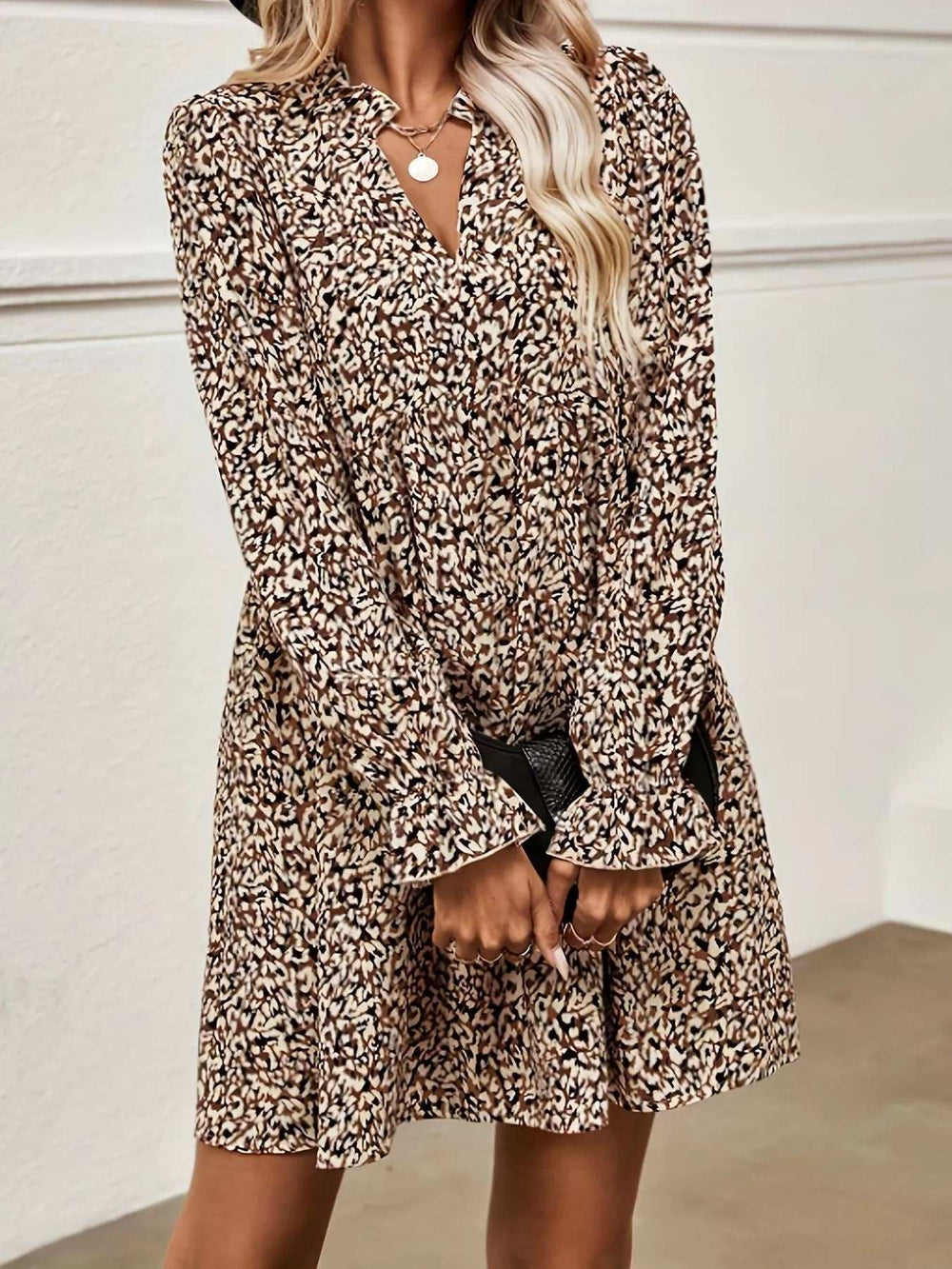 Notched Flounce Sleeve Mini Dress - Trendsi - Flyclothing LLC