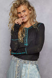 POL Long Sleeve Top with Contrasting Stitching - Trendsi - Flyclothing LLC