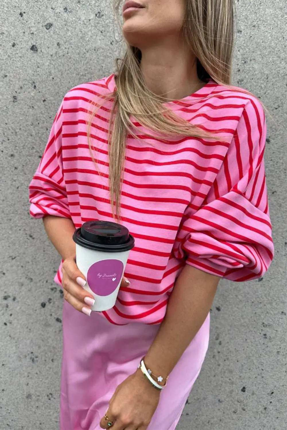 Striped Round Neck Long Sleeve Sweatshirt - Trendsi - Flyclothing LLC