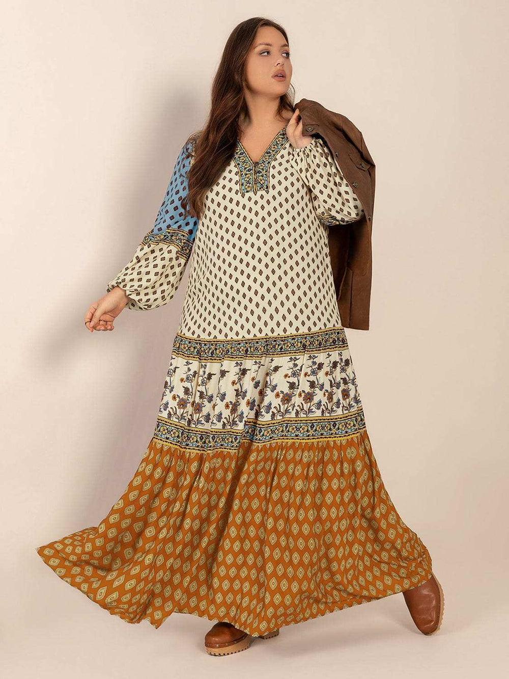 Plus Size Printed V-Neck Balloon Sleeve Maxi Dress - Trendsi - Flyclothing LLC